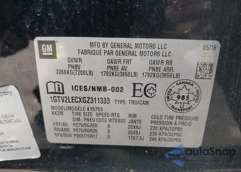 2016 GMC Sierra 1500 z USA, uszkodzony, nr VIN 1GTV2LECXGZ311333